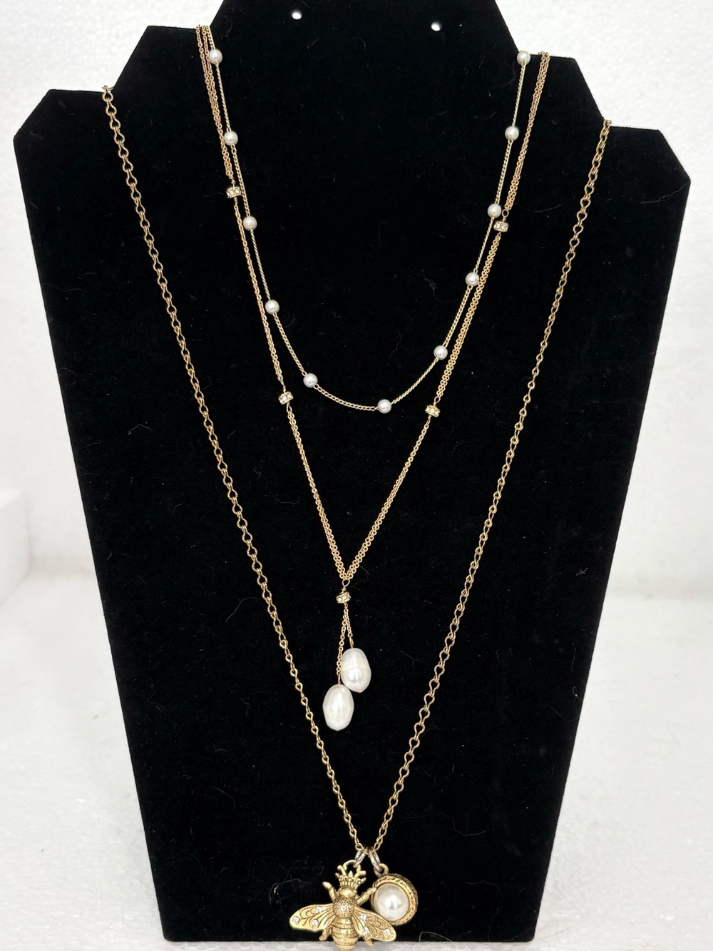 Lot Of Three Pearl And Gold Tone Necklaces - J Crew-Bee Charm - Layering Pieces
